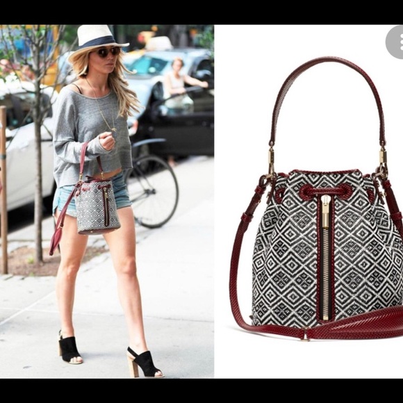 Elizabeth and James Geometric Bucket Bag – Black/White with Burgundy Strap - Picture 1 of 16